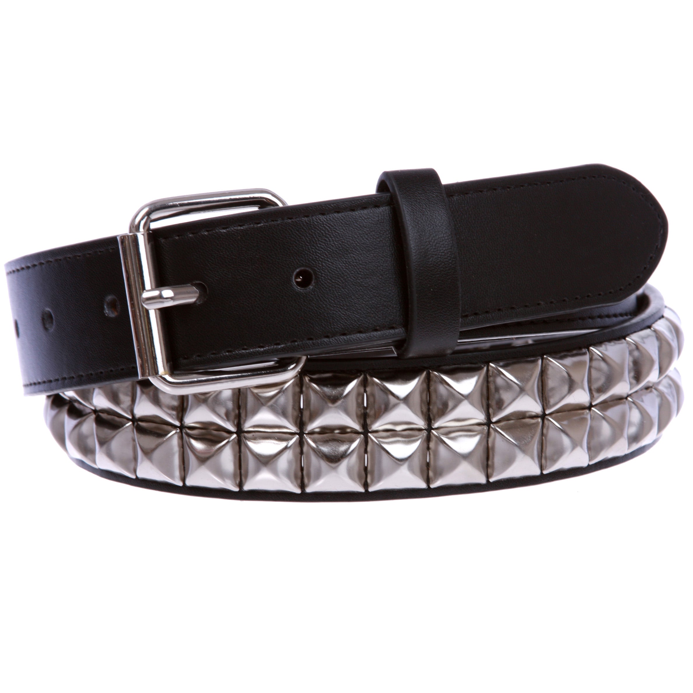1 1/4" (33 mm) Snap On Two Row Punk Rock Star Silver Studded Leather Belt - OnlineBelts