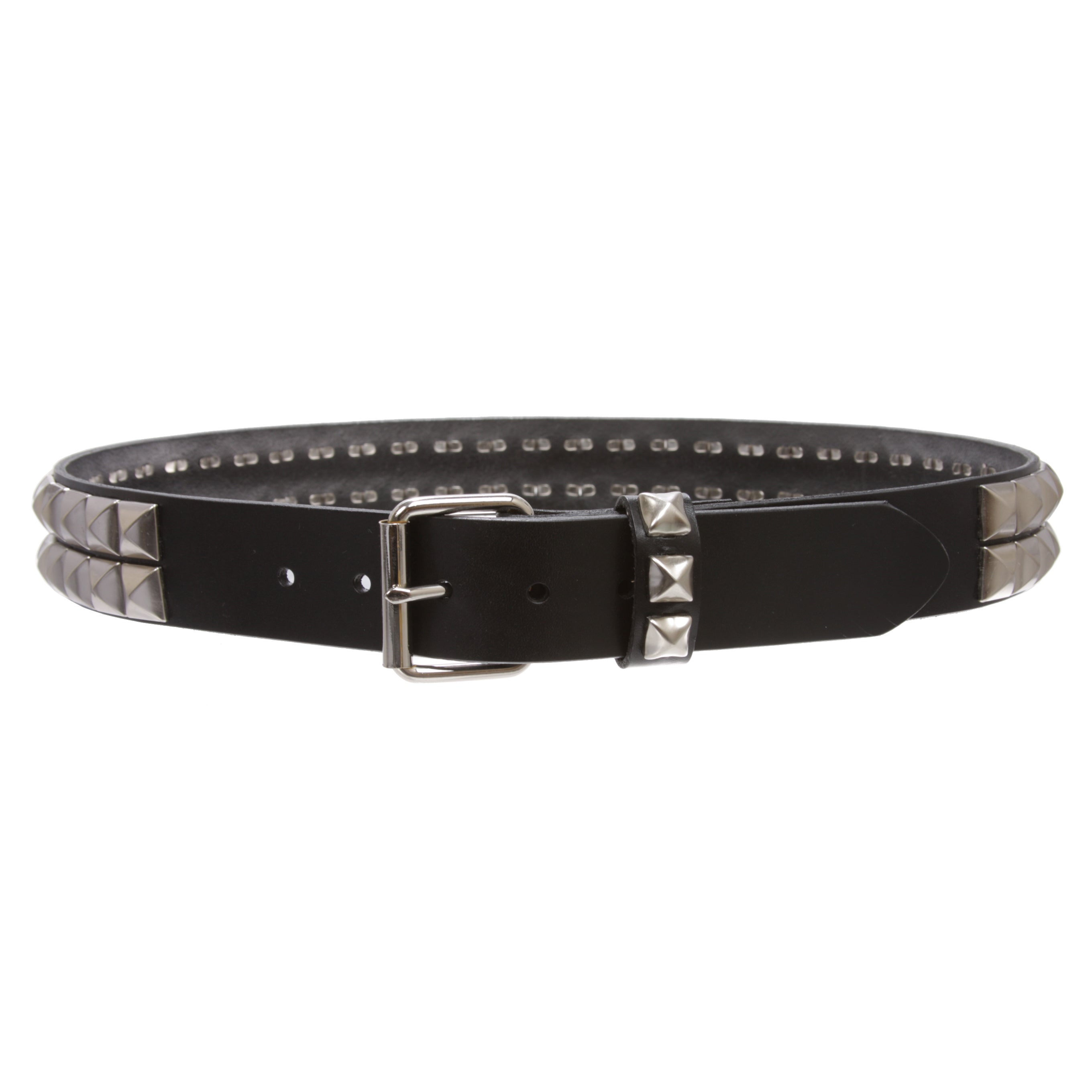 1 1/2" Snap On Two Row Punk Rock Star Silver Studded Solid Leather Belt - OnlineBelts