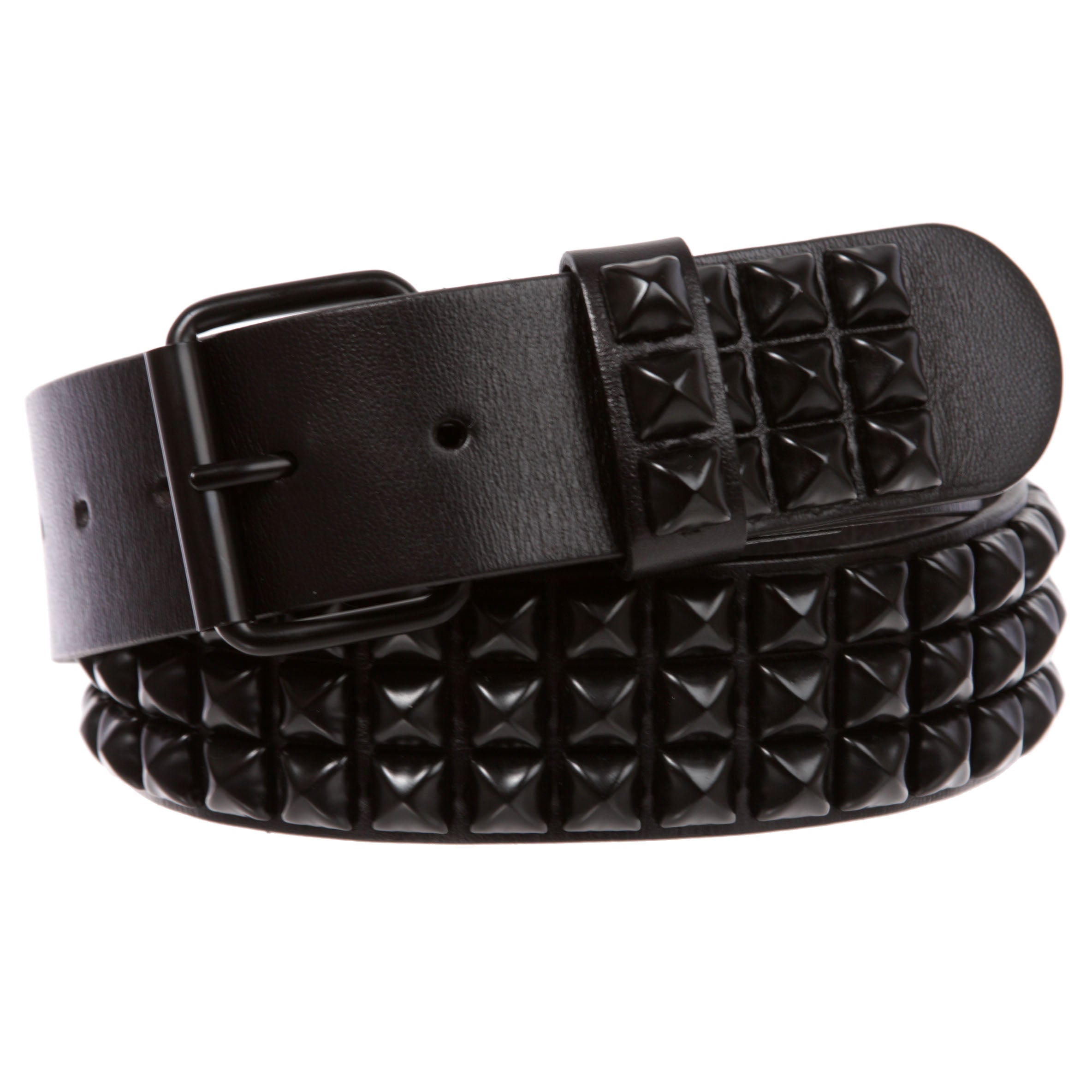Three Row of Punk Rock Star Metal Black Studded Leather Belt - OnlineBelts
