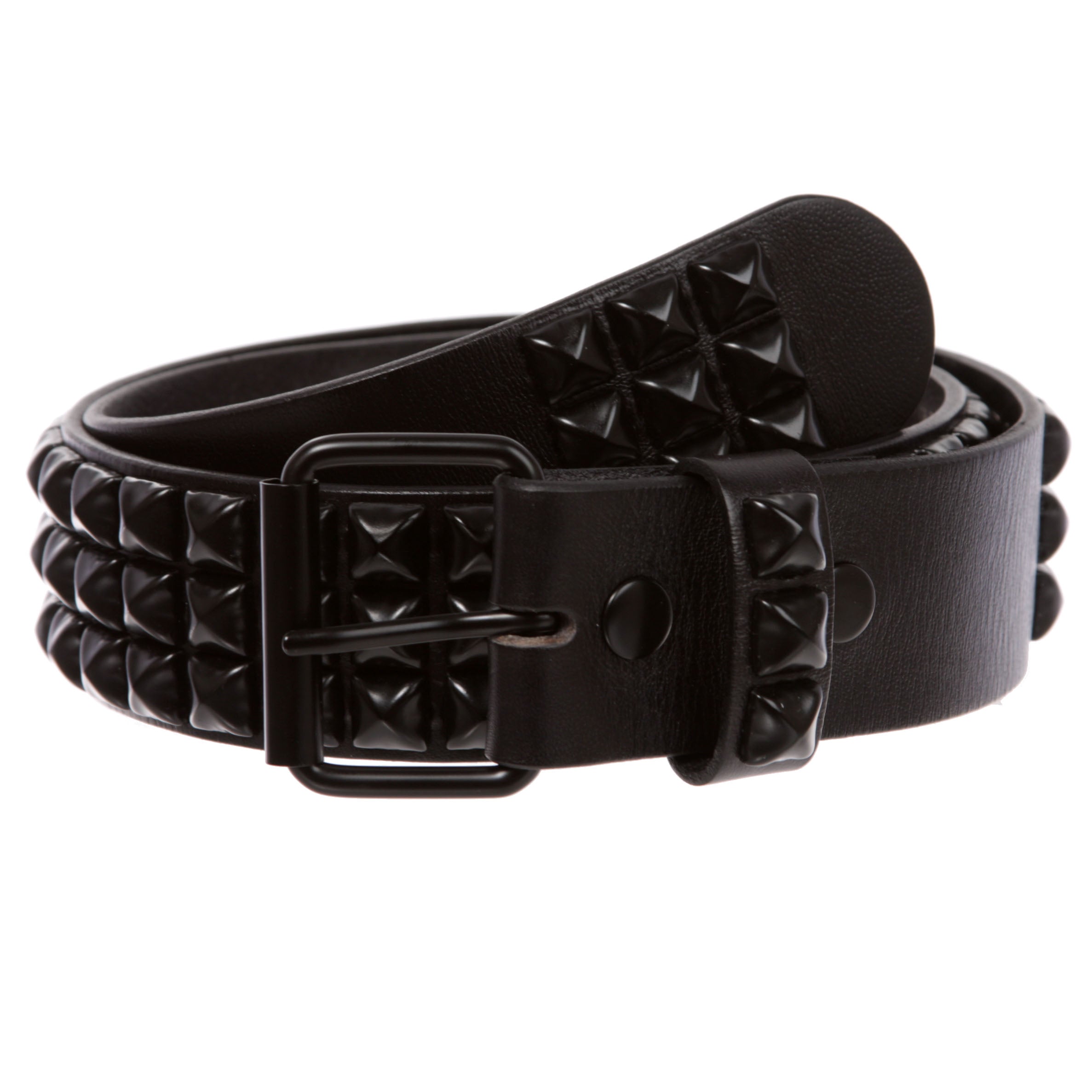 Three Row of Punk Rock Star Metal Black Studded Leather Belt - OnlineBelts