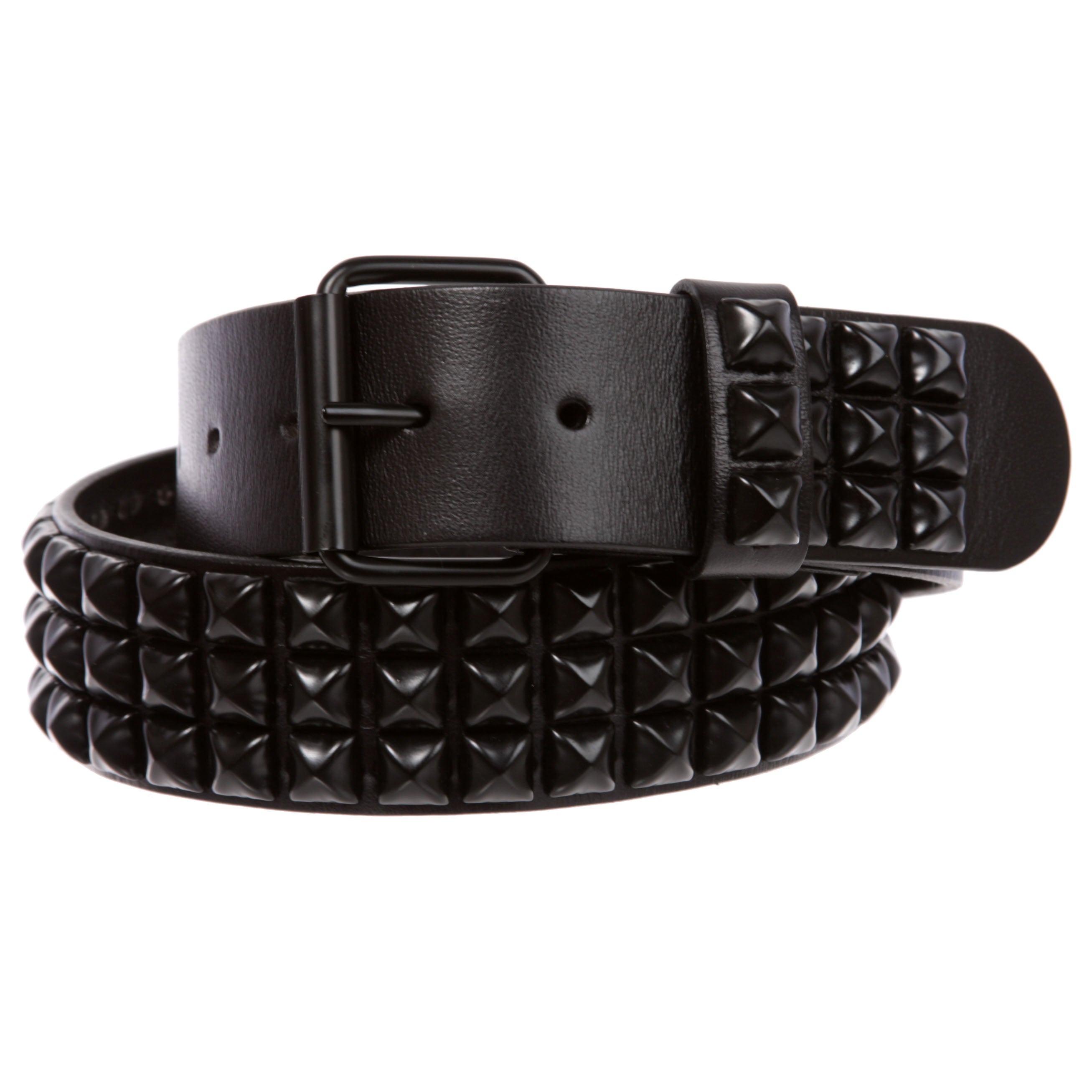 Three Row of Punk Rock Star Metal Black Studded Leather Belt - OnlineBelts