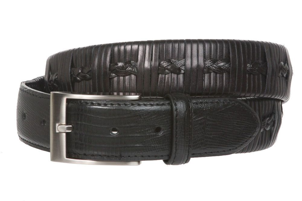 Men's 1 1/4 Inch (34 mm) Embossed Alligator Texture Braided Genuine Leather Dress Belt - OnlineBelts