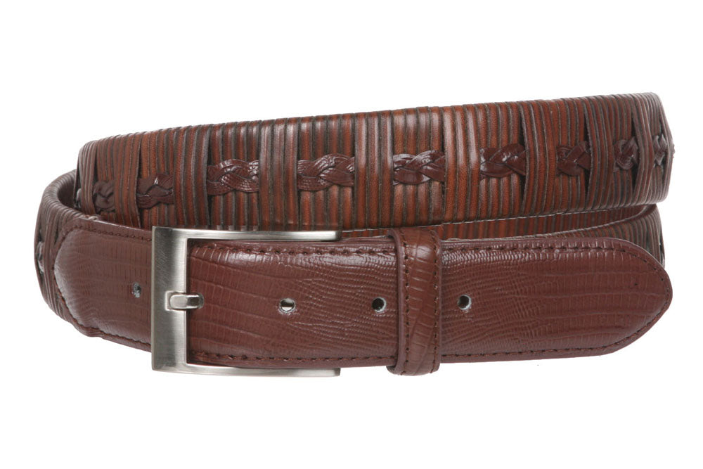 Men's 1 1/4 Inch (34 mm) Embossed Alligator Texture Braided Genuine Leather Dress Belt - OnlineBelts