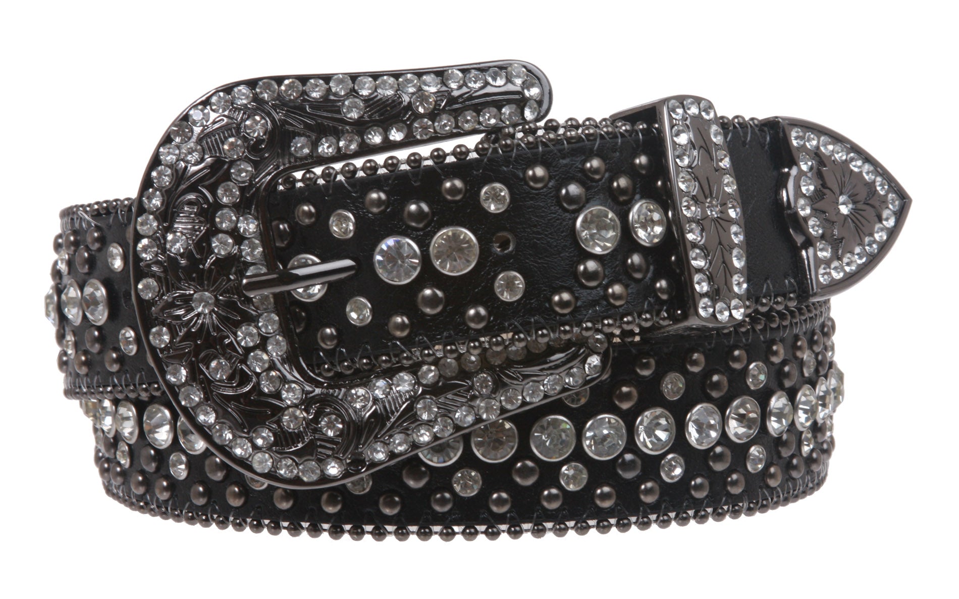 Western Cowgirl or Cowboy Rhinestone Bling Circle Studded Leather Belt - OnlineBelts
