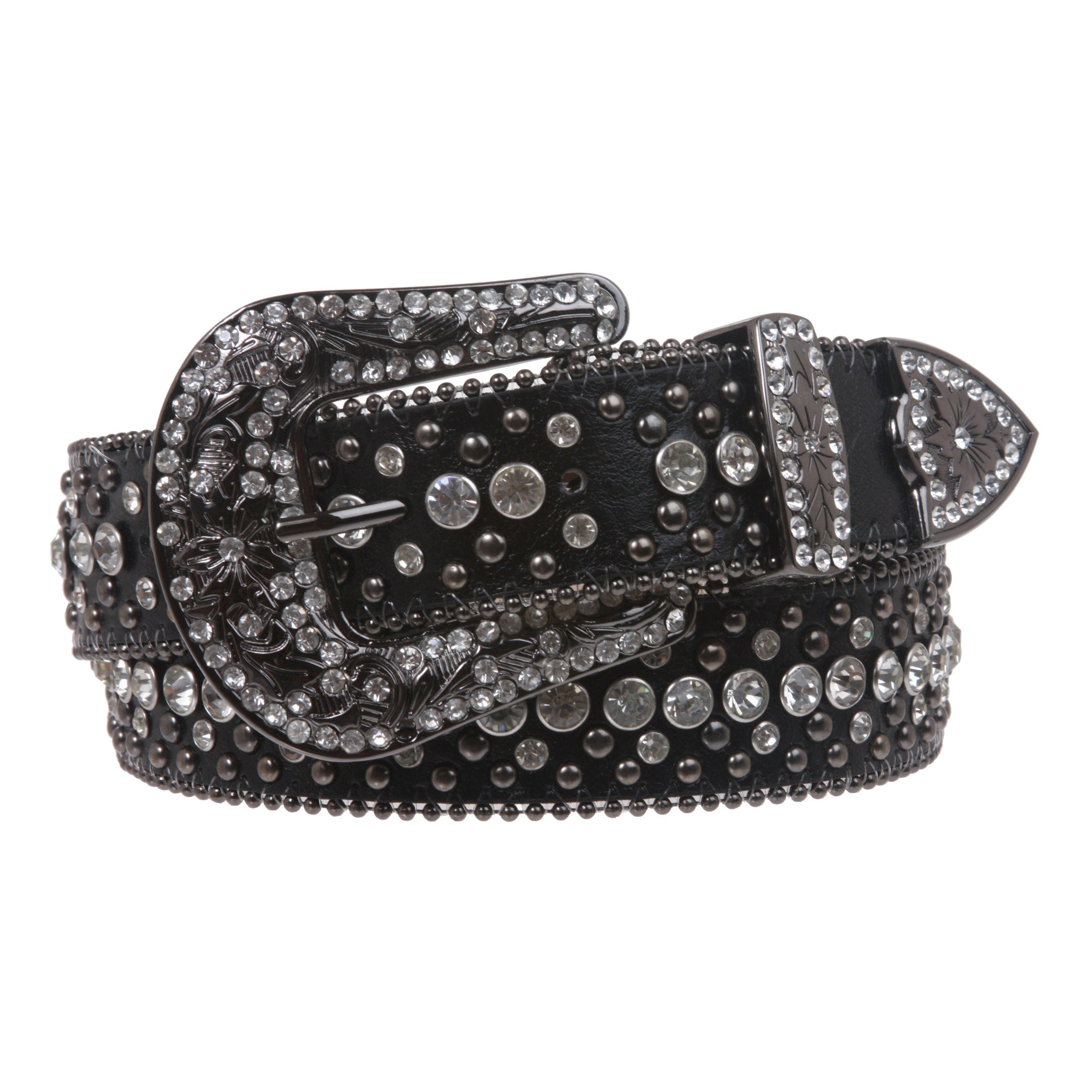 Snap On Rhinestone and Gun Metal Color Circle Studded Leather Belt - OnlineBelts