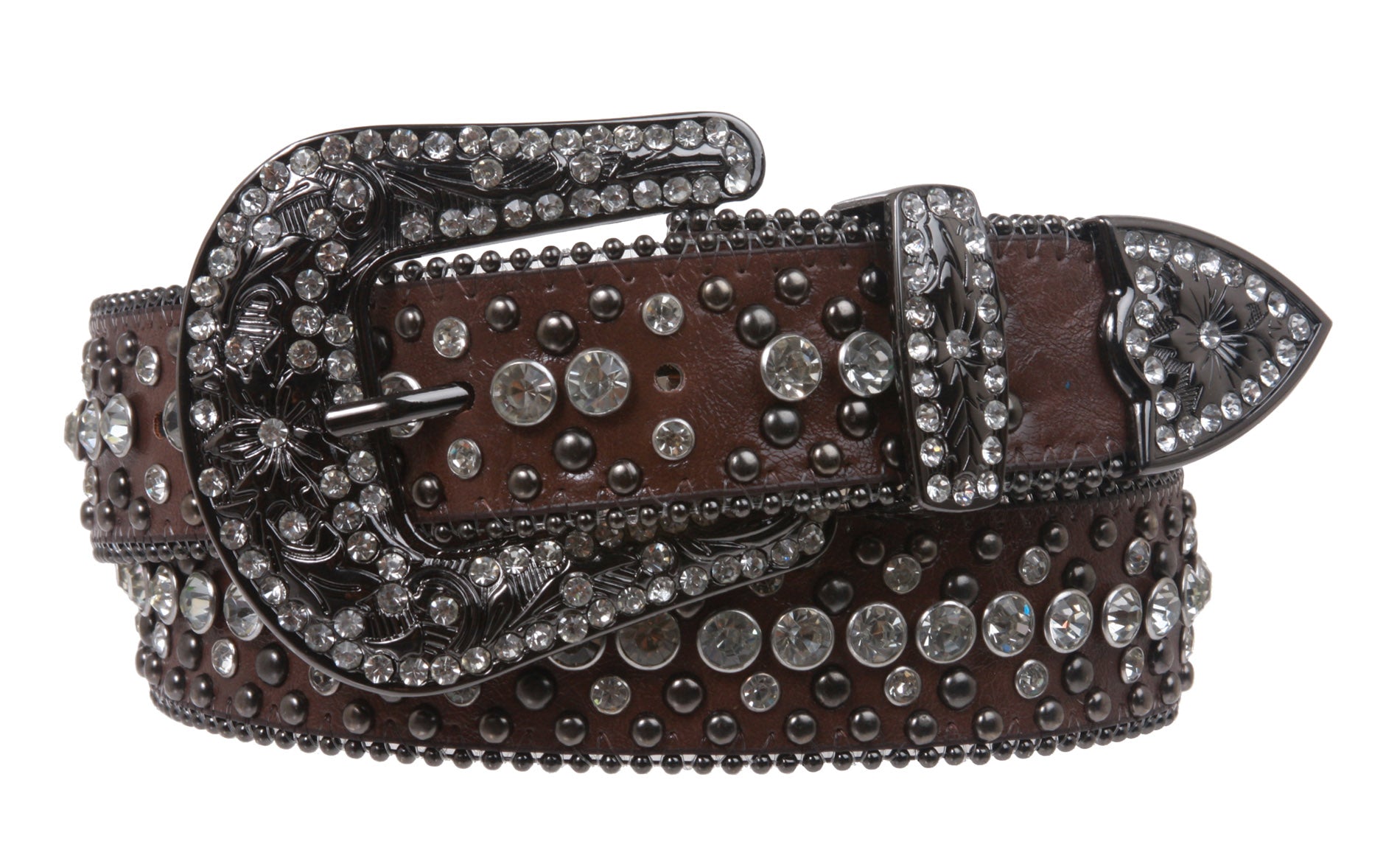 Western Cowgirl or Cowboy Rhinestone Bling Circle Studded Leather Belt - OnlineBelts