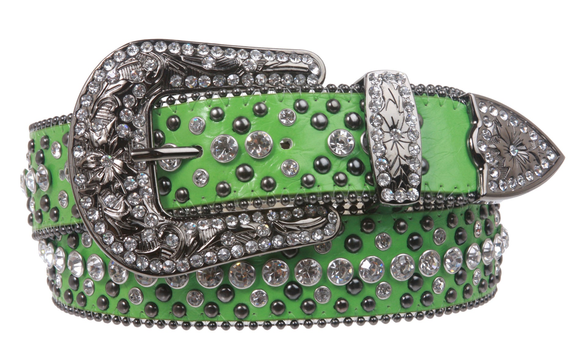 Western Cowgirl or Cowboy Rhinestone Bling Circle Studded Leather Belt - OnlineBelts