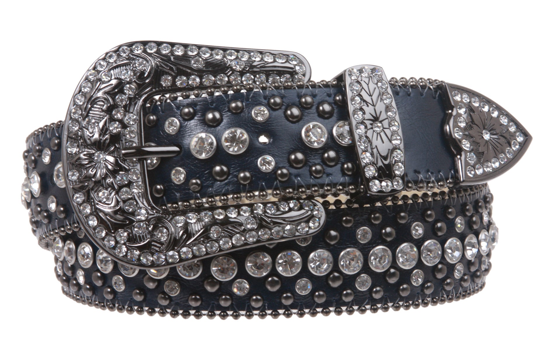 Western Cowgirl or Cowboy Rhinestone Bling Circle Studded Leather Belt - OnlineBelts