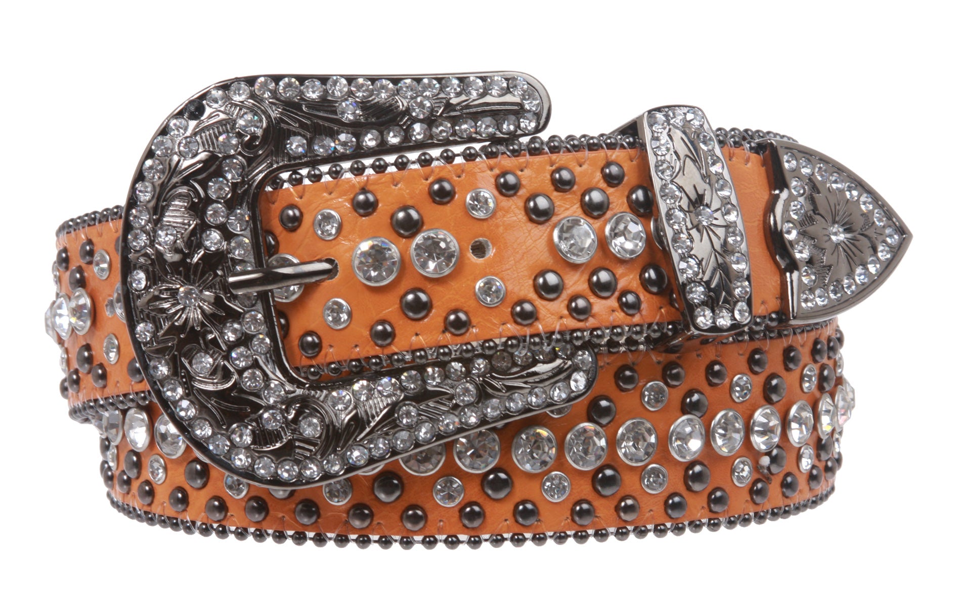 Western Cowgirl or Cowboy Rhinestone Bling Circle Studded Leather Belt - OnlineBelts