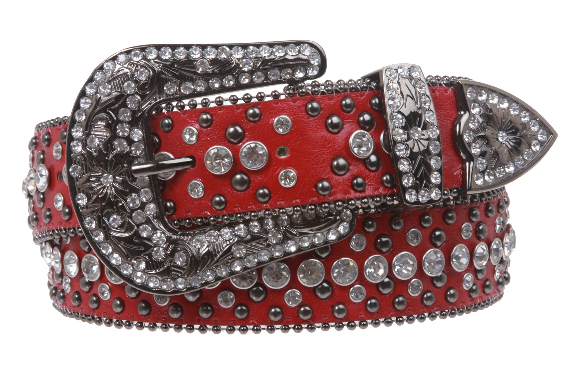 Western Cowgirl or Cowboy Rhinestone Bling Circle Studded Leather Belt - OnlineBelts