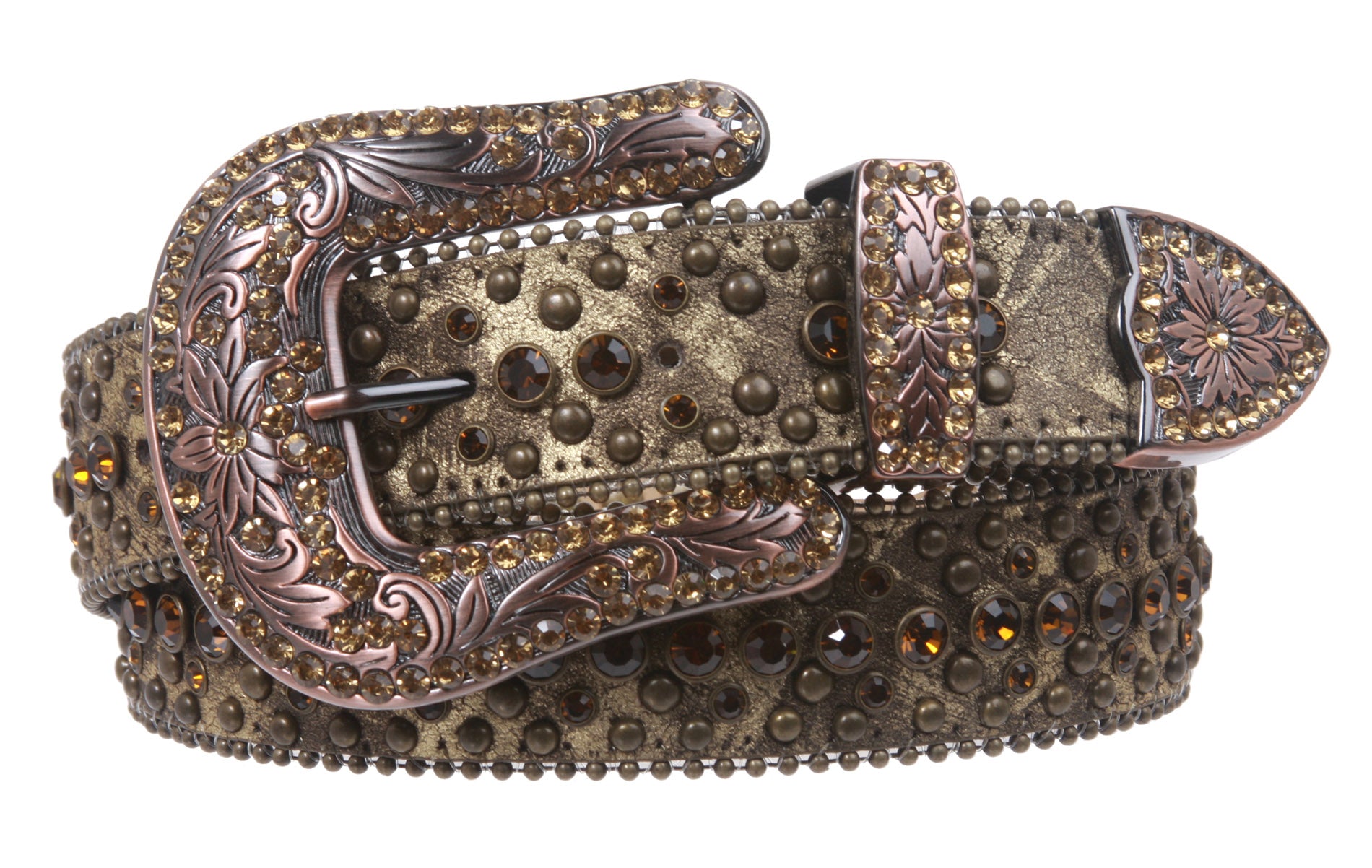 Western Cowgirl or Cowboy Rhinestone Bling Circle Studded Leather Belt - OnlineBelts