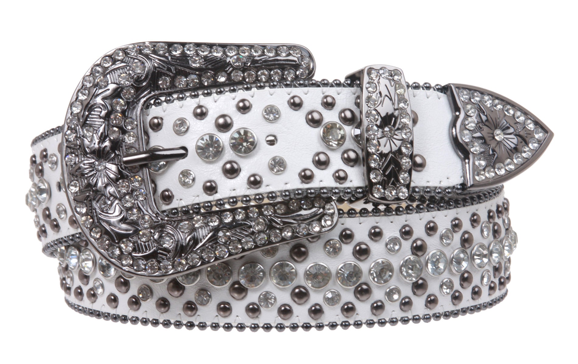 Western Cowgirl or Cowboy Rhinestone Bling Circle Studded Leather Belt - OnlineBelts