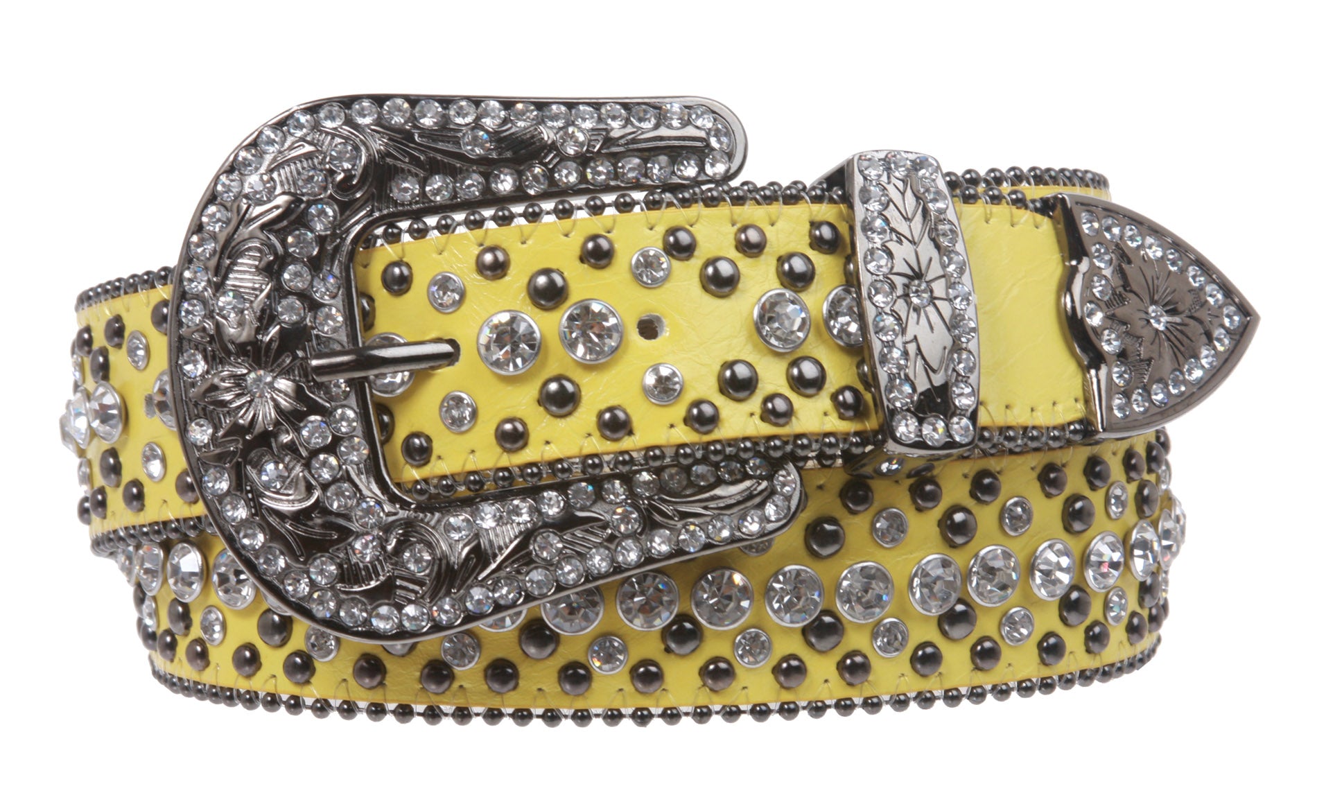 Western Cowgirl or Cowboy Rhinestone Bling Circle Studded Leather Belt - OnlineBelts