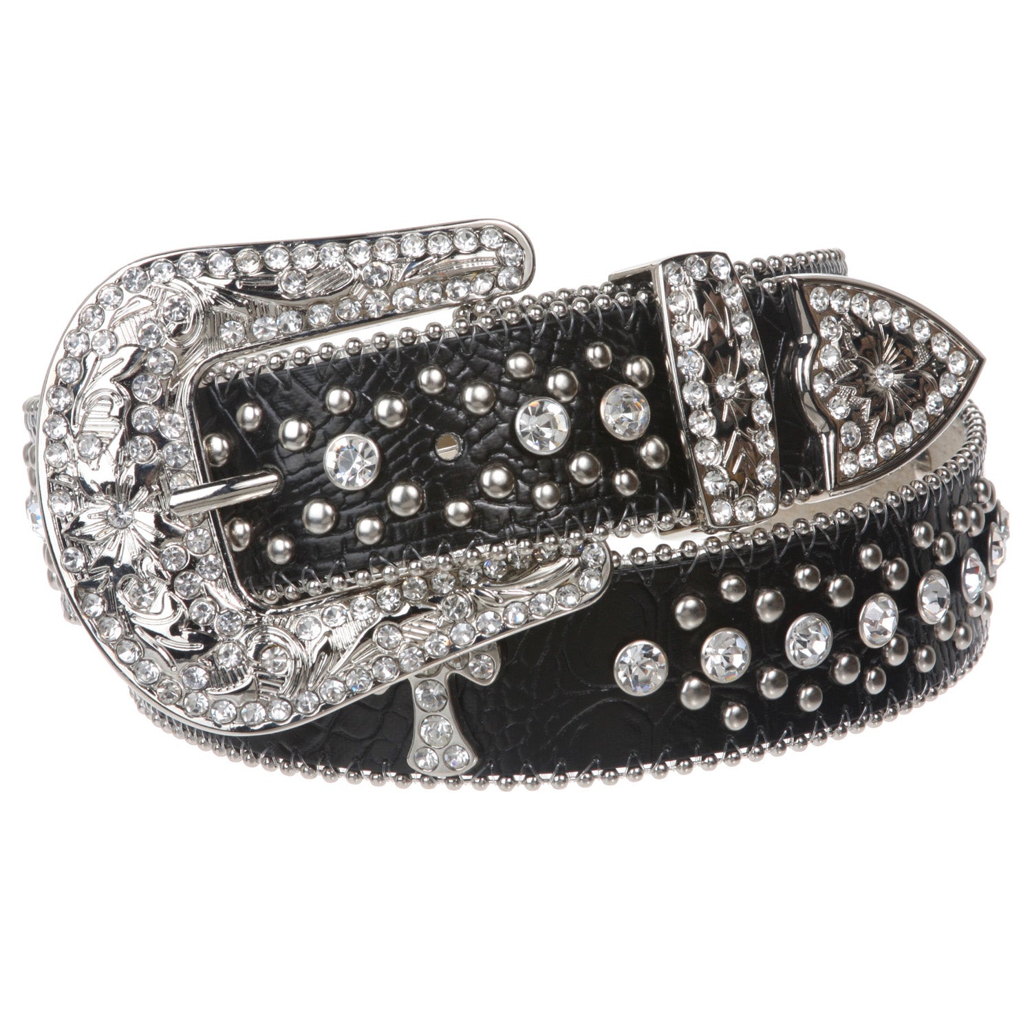 1 1/2" Snap On Western Rhinestone Cross Studded Faux Alligator Leather Belt - OnlineBelts