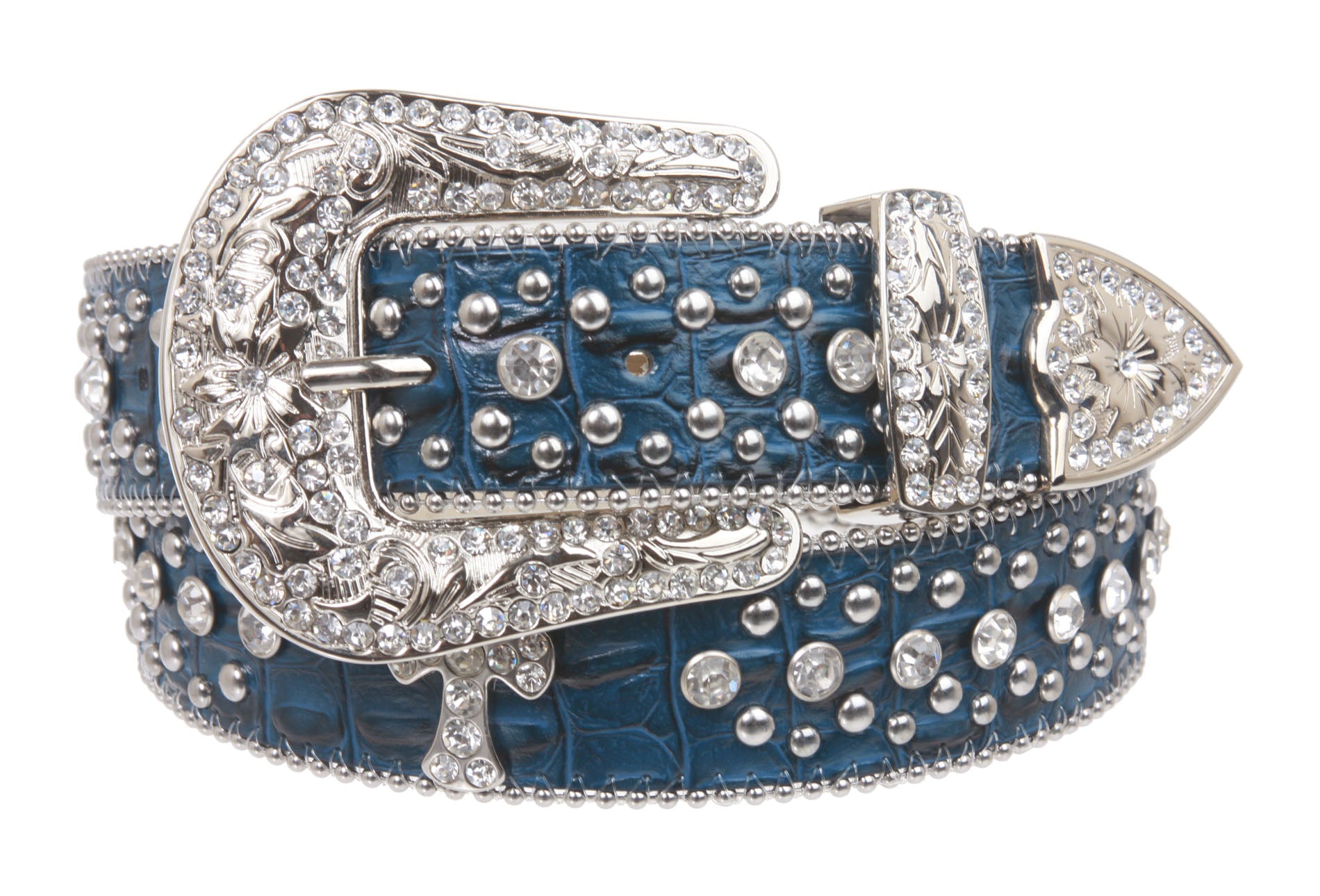 1 1/2" Snap On Western Rhinestone Cross Studded Faux Alligator Leather Belt - OnlineBelts