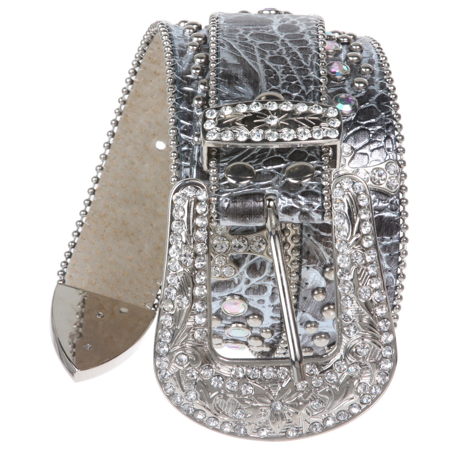 1 1/2" Snap On Western Rhinestone Cross Studded Faux Alligator Leather Belt - OnlineBelts