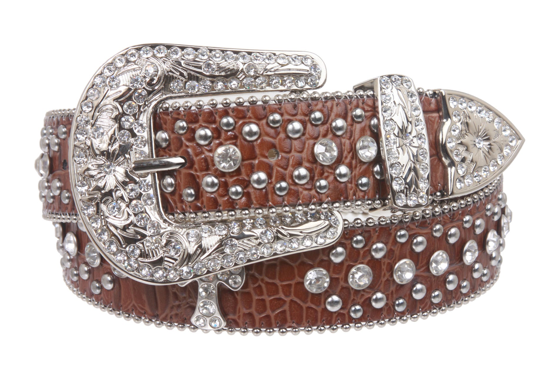 1 1/2" Snap On Western Rhinestone Cross Studded Faux Alligator Leather Belt - OnlineBelts