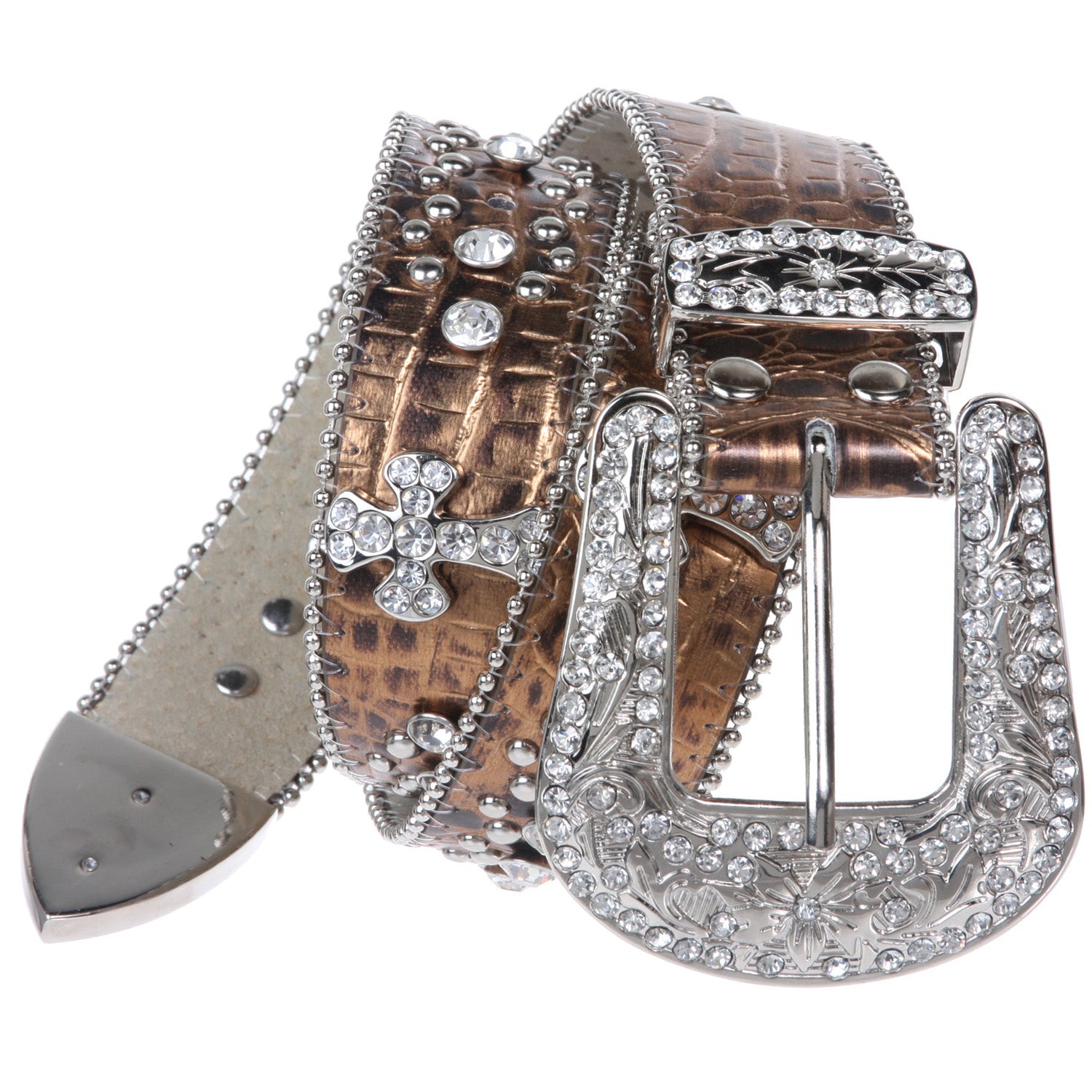 1 1/2" Snap On Western Rhinestone Cross Studded Faux Alligator Leather Belt - OnlineBelts