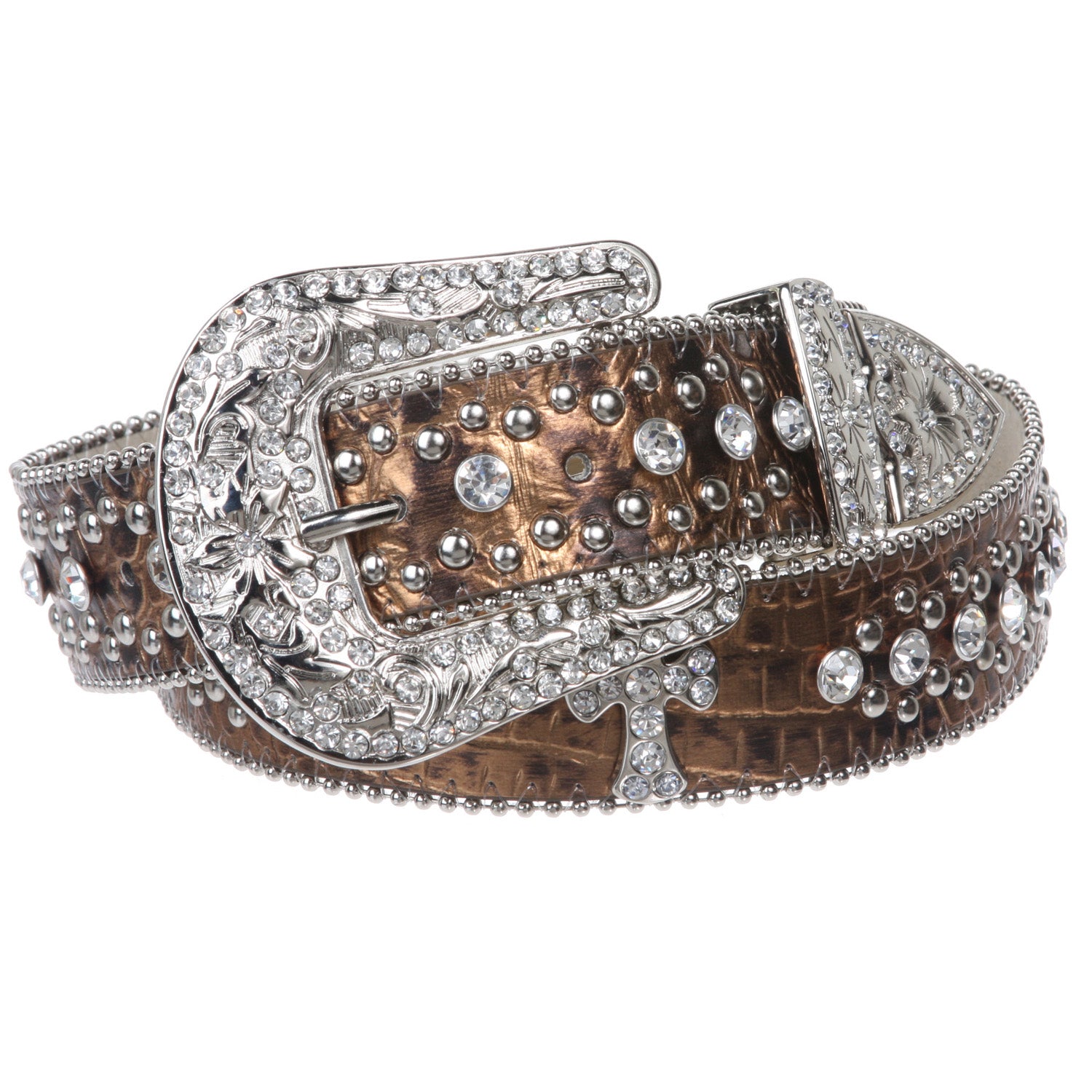 1 1/2" Snap On Western Rhinestone Cross Studded Faux Alligator Leather Belt - OnlineBelts