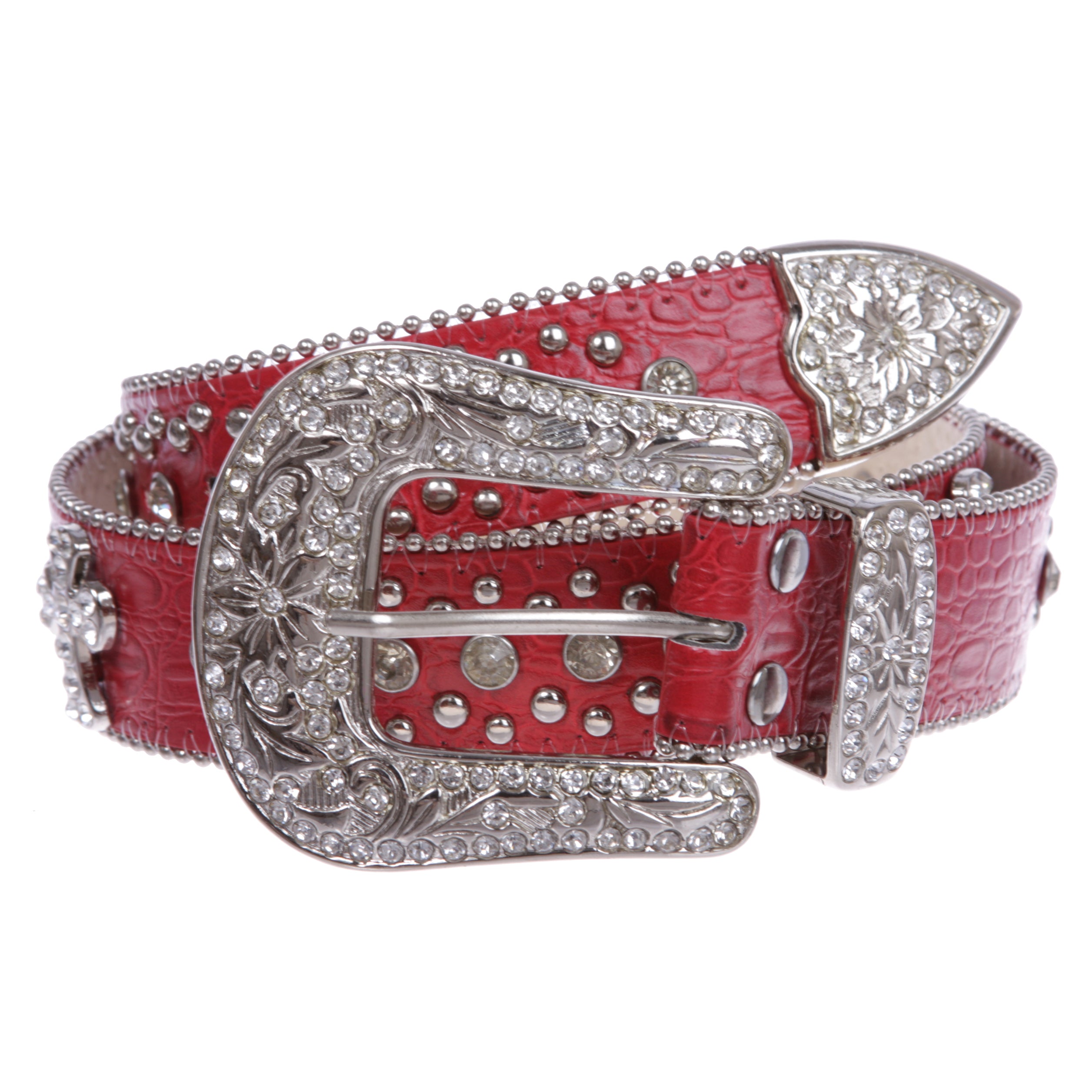 1 1/2" Snap On Western Rhinestone Cross Studded Faux Alligator Leather Belt - OnlineBelts