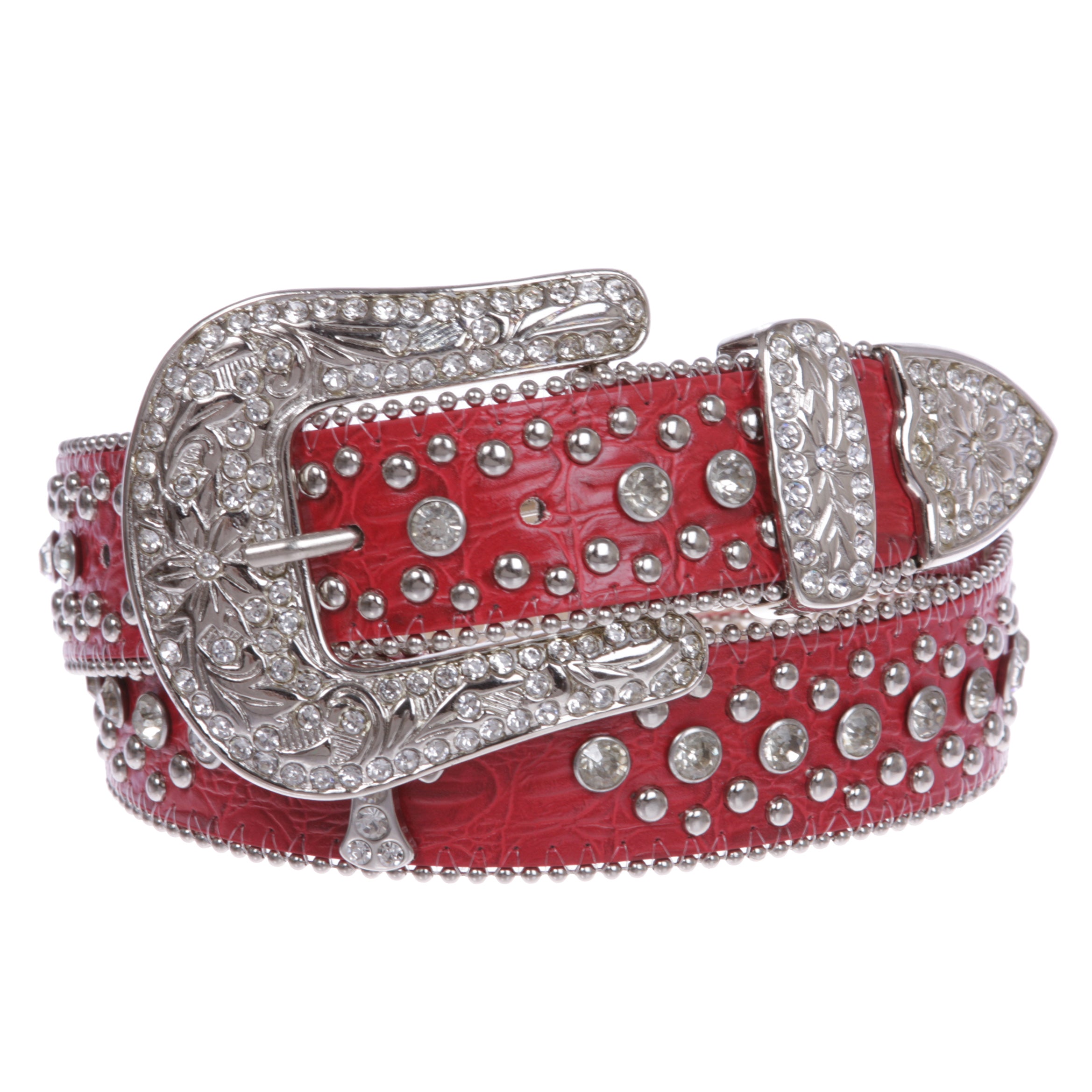 1 1/2" Snap On Western Rhinestone Cross Studded Faux Alligator Leather Belt - OnlineBelts