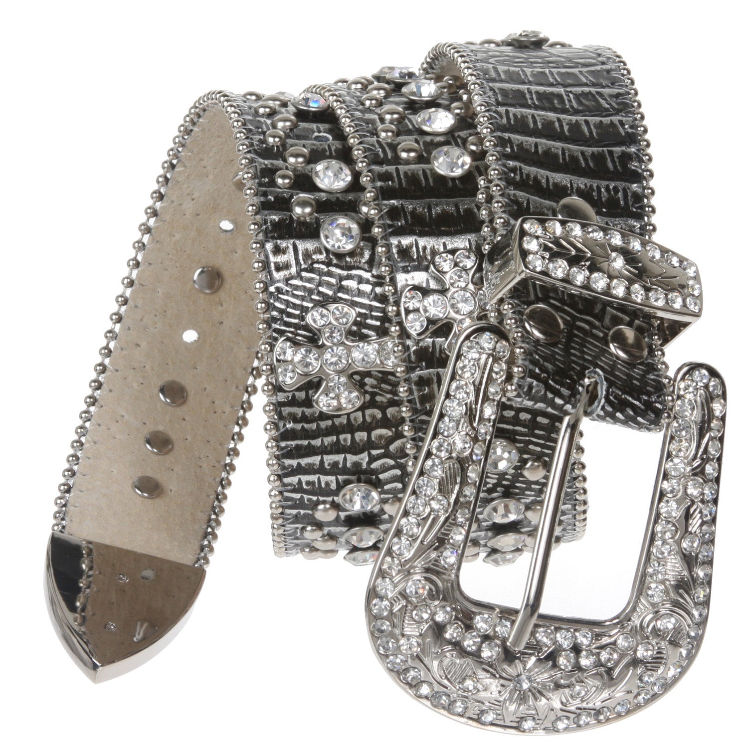 1 1/2" Snap On Western Rhinestone Cross Studded Faux Alligator Leather Belt - OnlineBelts