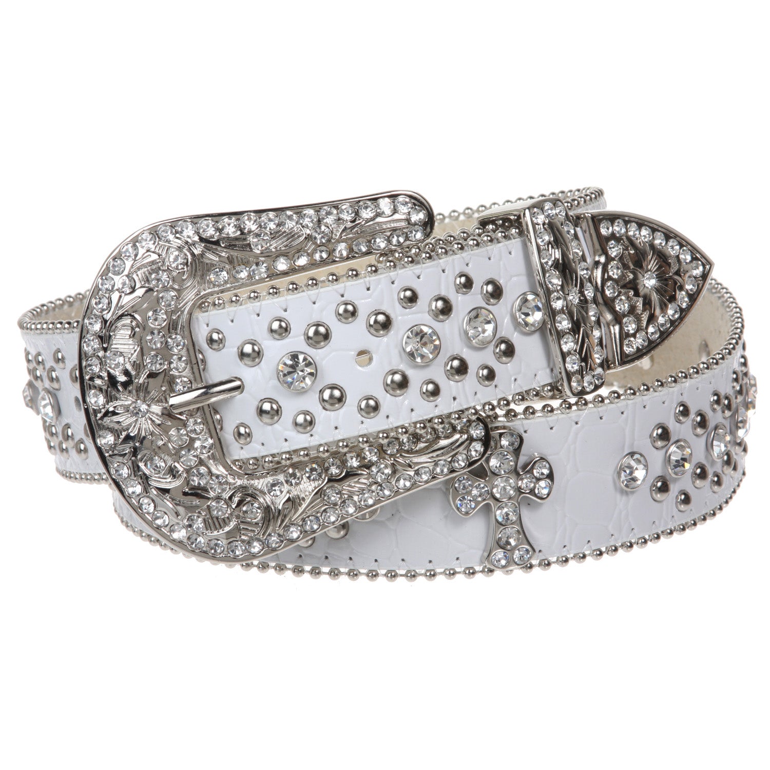1 1/2" Snap On Western Rhinestone Cross Studded Faux Alligator Leather Belt - OnlineBelts