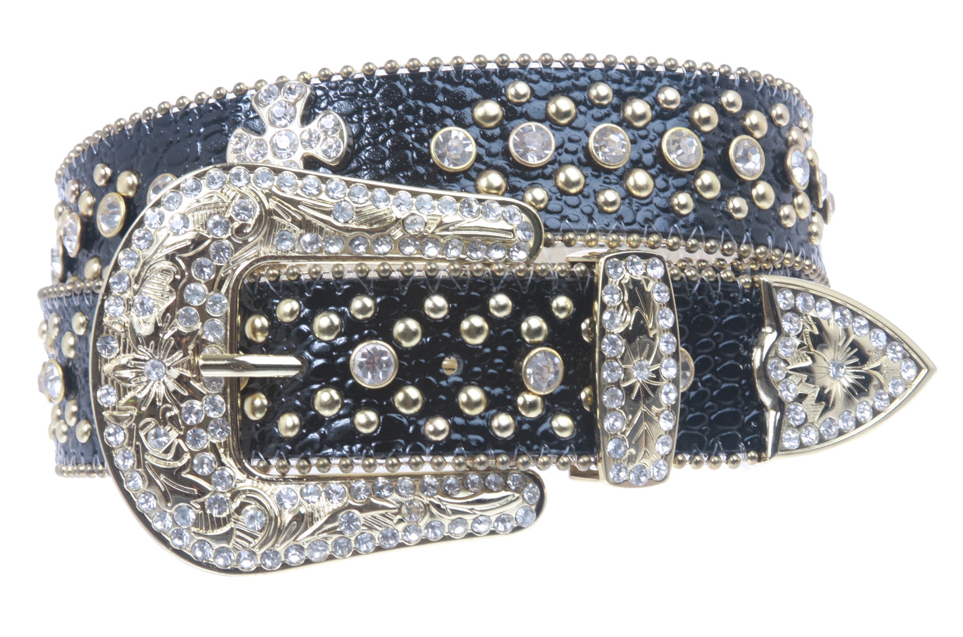 1 1/2" Snap On Western Rhinestone Cross Studded Alligator Leather Belt - OnlineBelts