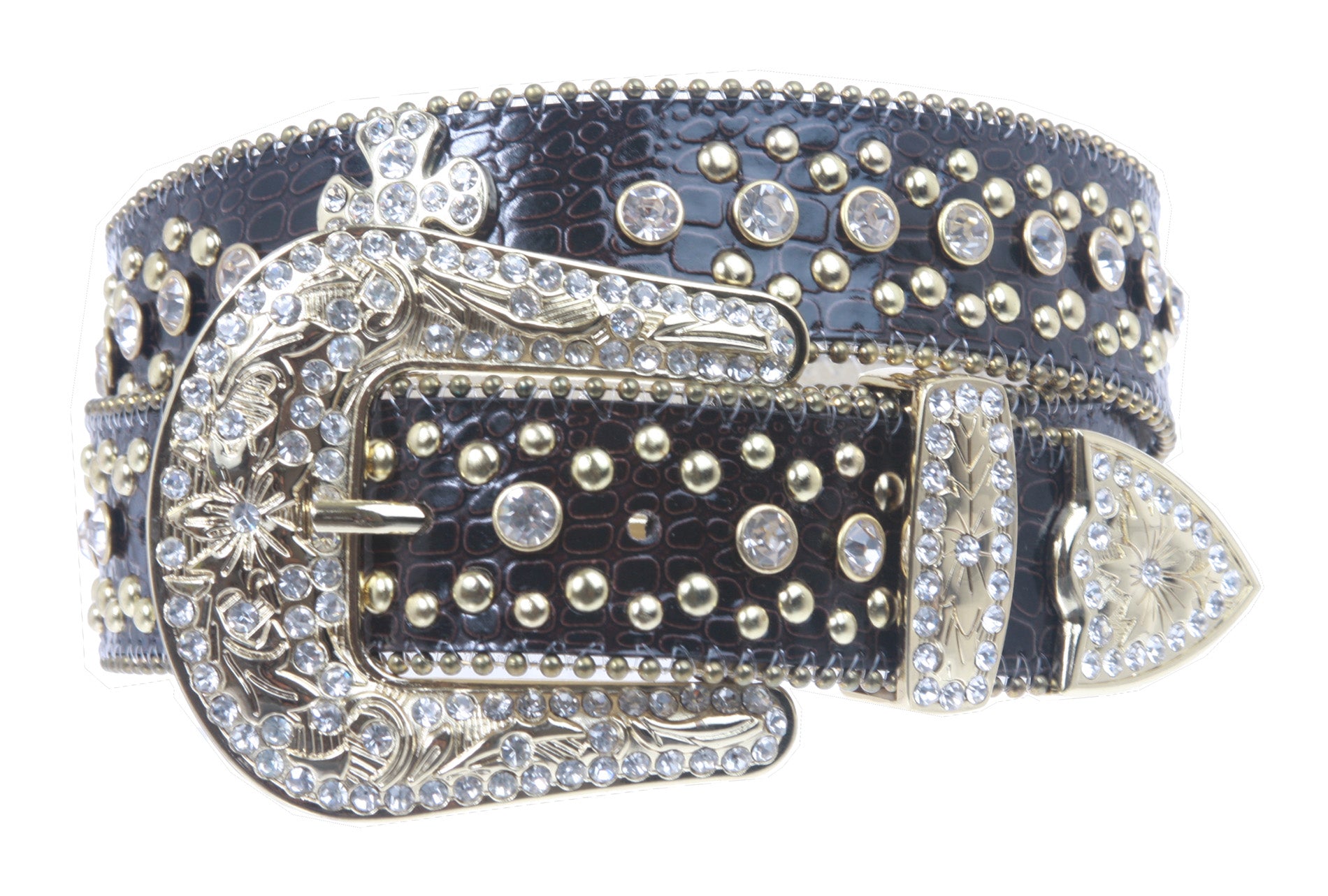1 1/2" Snap On Western Rhinestone Cross Studded Alligator Leather Belt - OnlineBelts
