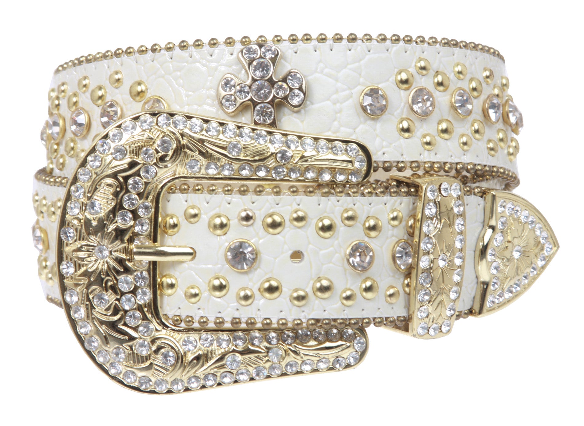 1 1/2" Snap On Western Rhinestone Cross Studded Alligator Leather Belt - OnlineBelts