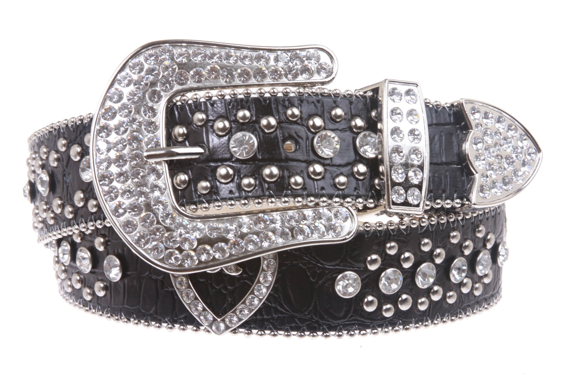 Western Rhinestone Silver Circle Studs and Heart Ornaments Leather Belt - OnlineBelts