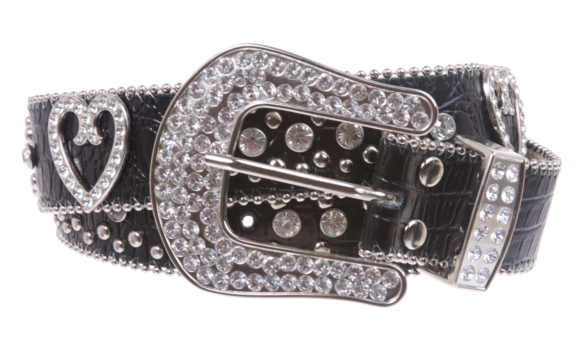 Western Rhinestone Silver Circle Studs and Heart Ornaments Leather Belt - OnlineBelts