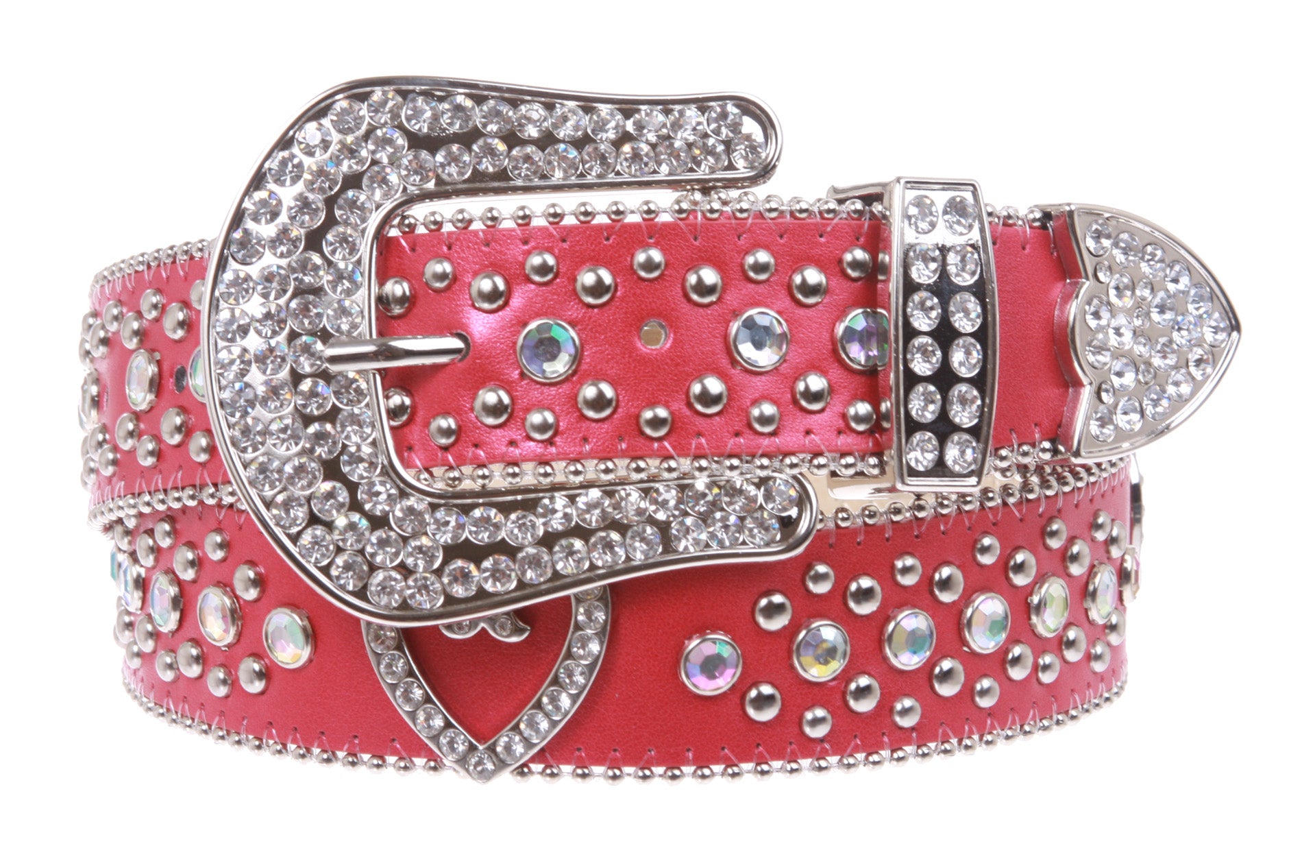 Western Rhinestone Silver Circle Studs and Heart Ornaments Leather Belt - OnlineBelts