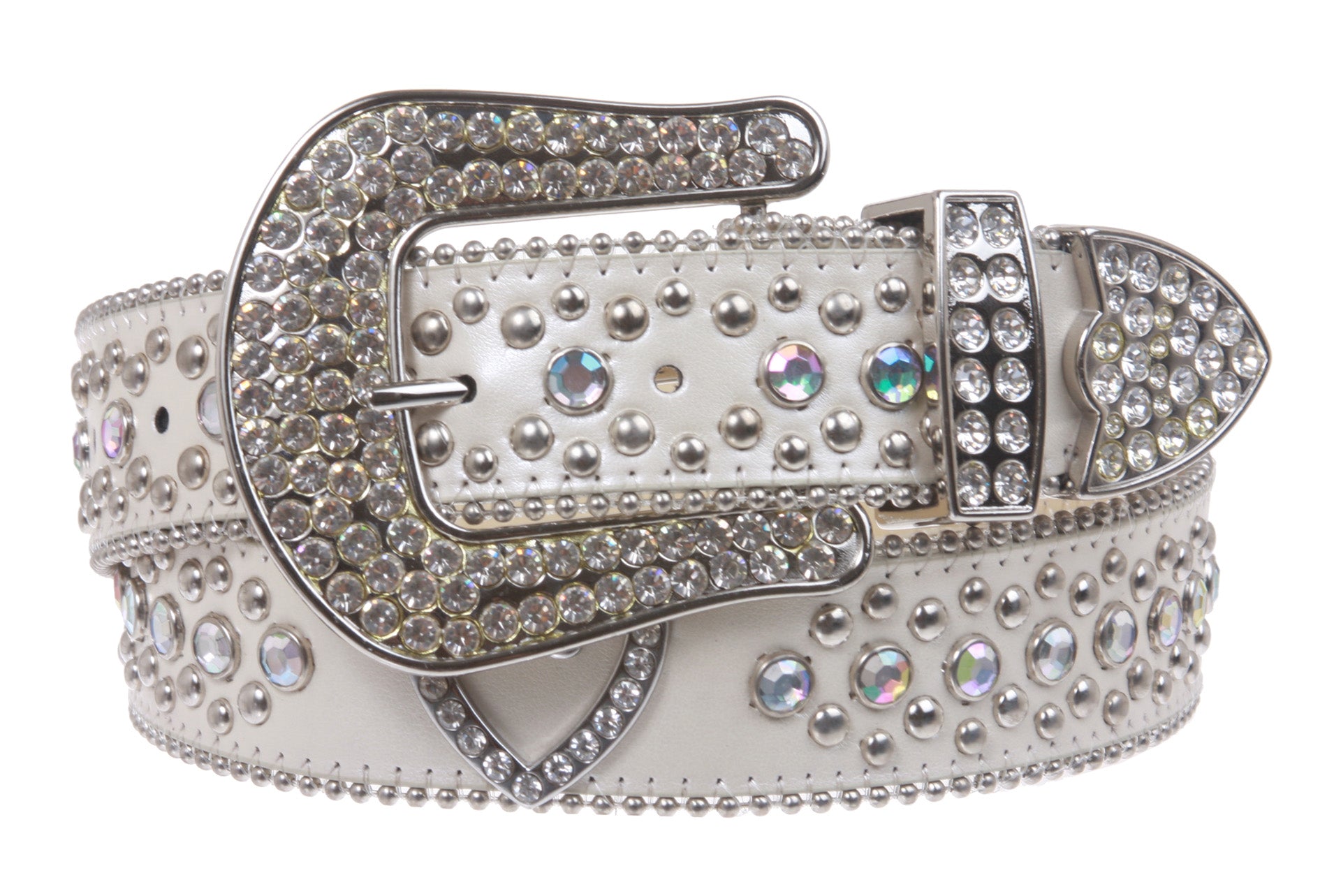 Western Rhinestone Silver Circle Studs and Heart Ornaments Leather Belt - OnlineBelts