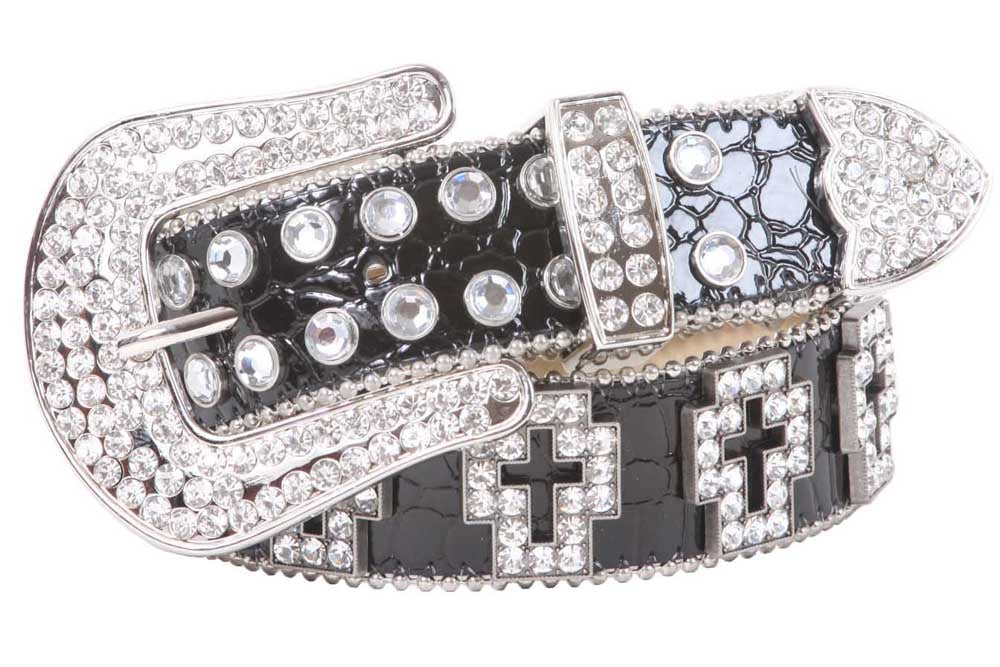 Western Rhinestone Cross Ornaments Croco Print Leather Belt - OnlineBelts