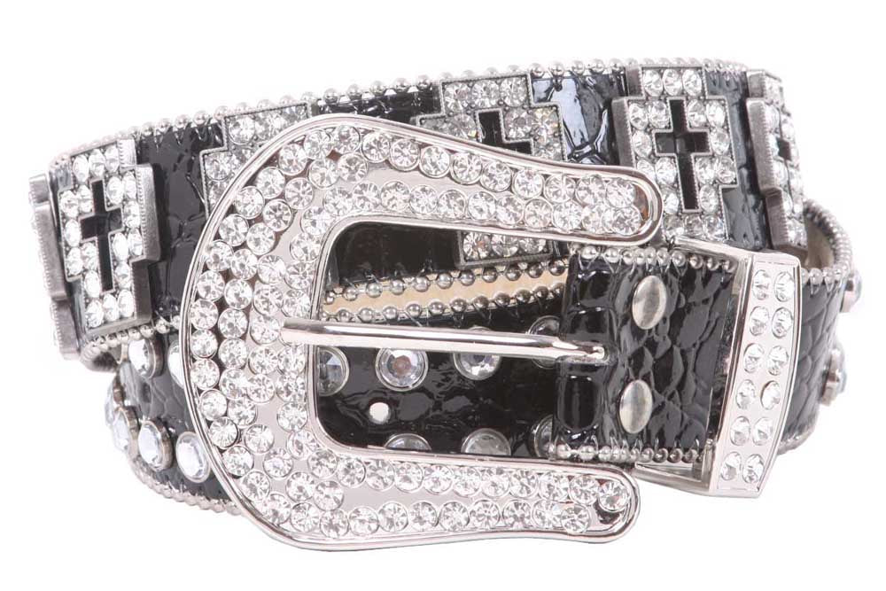 Western Rhinestone Cross Ornaments Croco Print Leather Belt - OnlineBelts