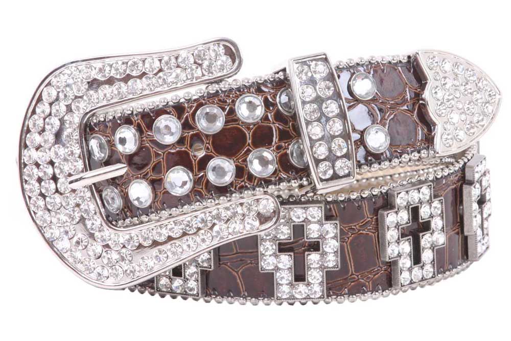 Western Rhinestone Cross Ornaments Croco Print Leather Belt - OnlineBelts
