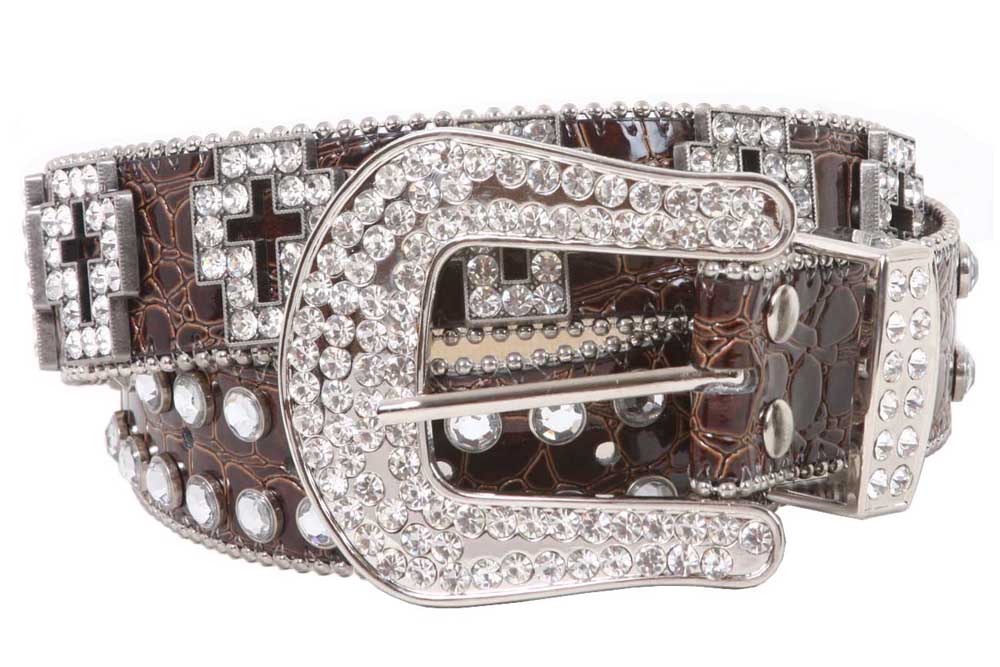 Western Rhinestone Cross Ornaments Croco Print Leather Belt - OnlineBelts