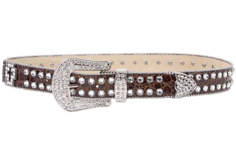 Western Rhinestone Cross Ornaments Croco Print Leather Belt - OnlineBelts