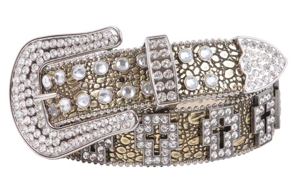 Western Rhinestone Cross Ornaments Croco Print Leather Belt - OnlineBelts