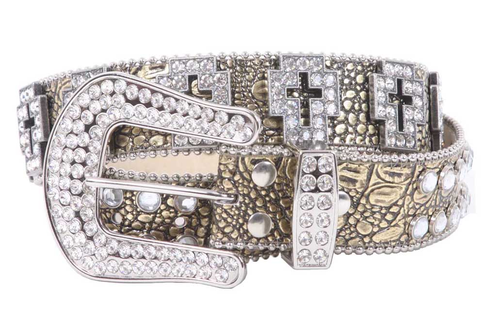 Western Rhinestone Cross Ornaments Croco Print Leather Belt - OnlineBelts