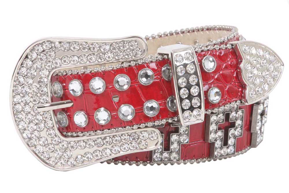 Western Rhinestone Cross Ornaments Croco Print Leather Belt - OnlineBelts