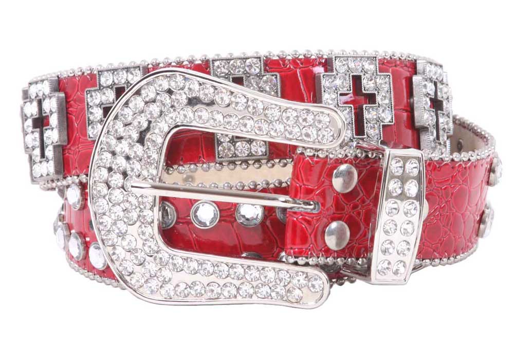 Western Rhinestone Cross Ornaments Croco Print Leather Belt - OnlineBelts