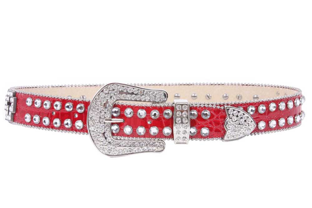 Western Rhinestone Cross Ornaments Croco Print Leather Belt - OnlineBelts