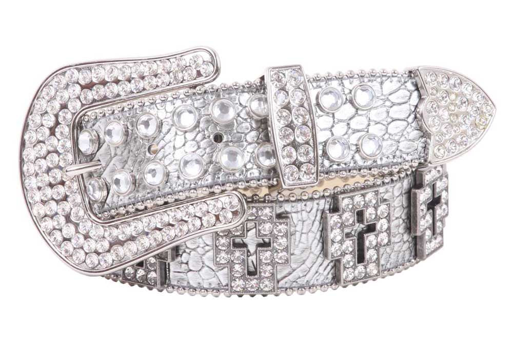 Western Rhinestone Cross Ornaments Croco Print Leather Belt - OnlineBelts