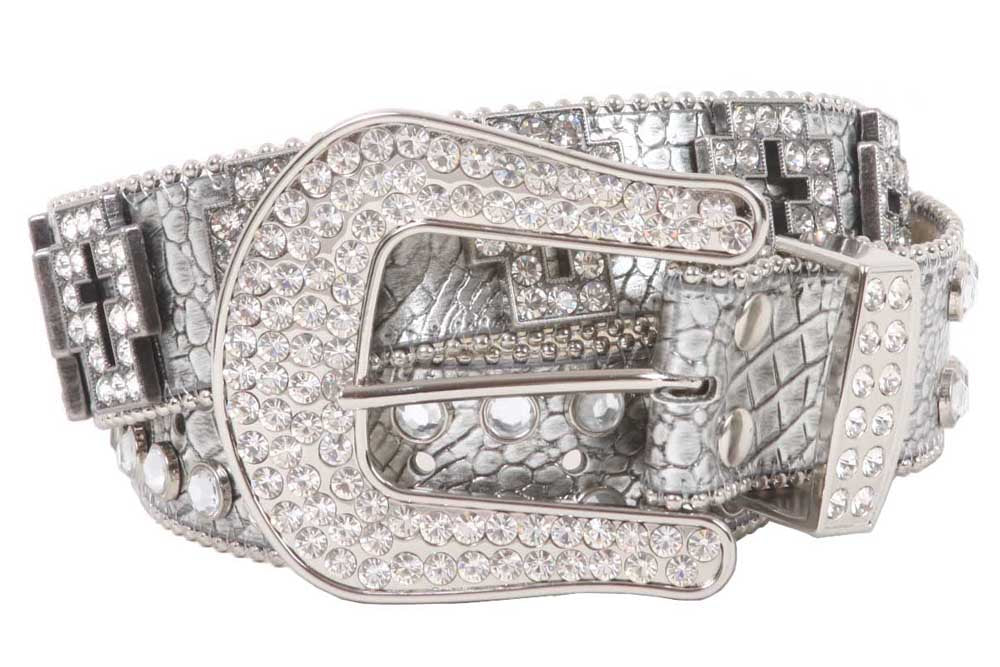 Western Rhinestone Cross Ornaments Croco Print Leather Belt - OnlineBelts