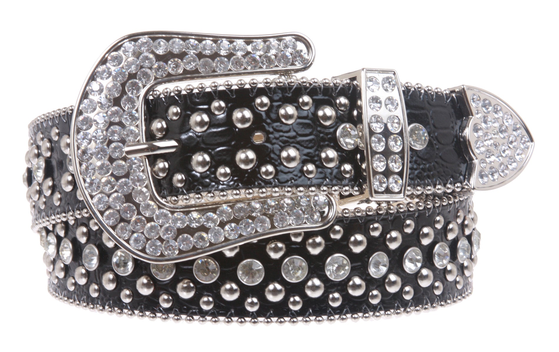 Ladies Rhinestone Studs Croco Print Leather Belt - OnlineBelts