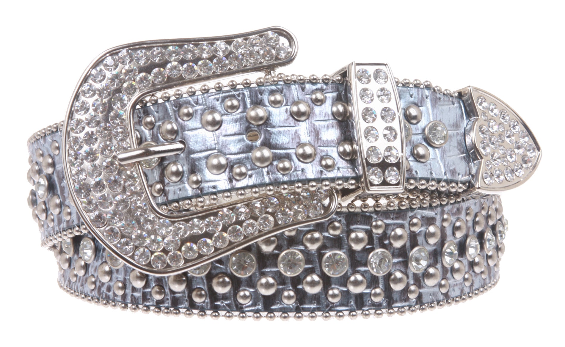 Ladies Rhinestone Studs Croco Print Leather Belt - OnlineBelts