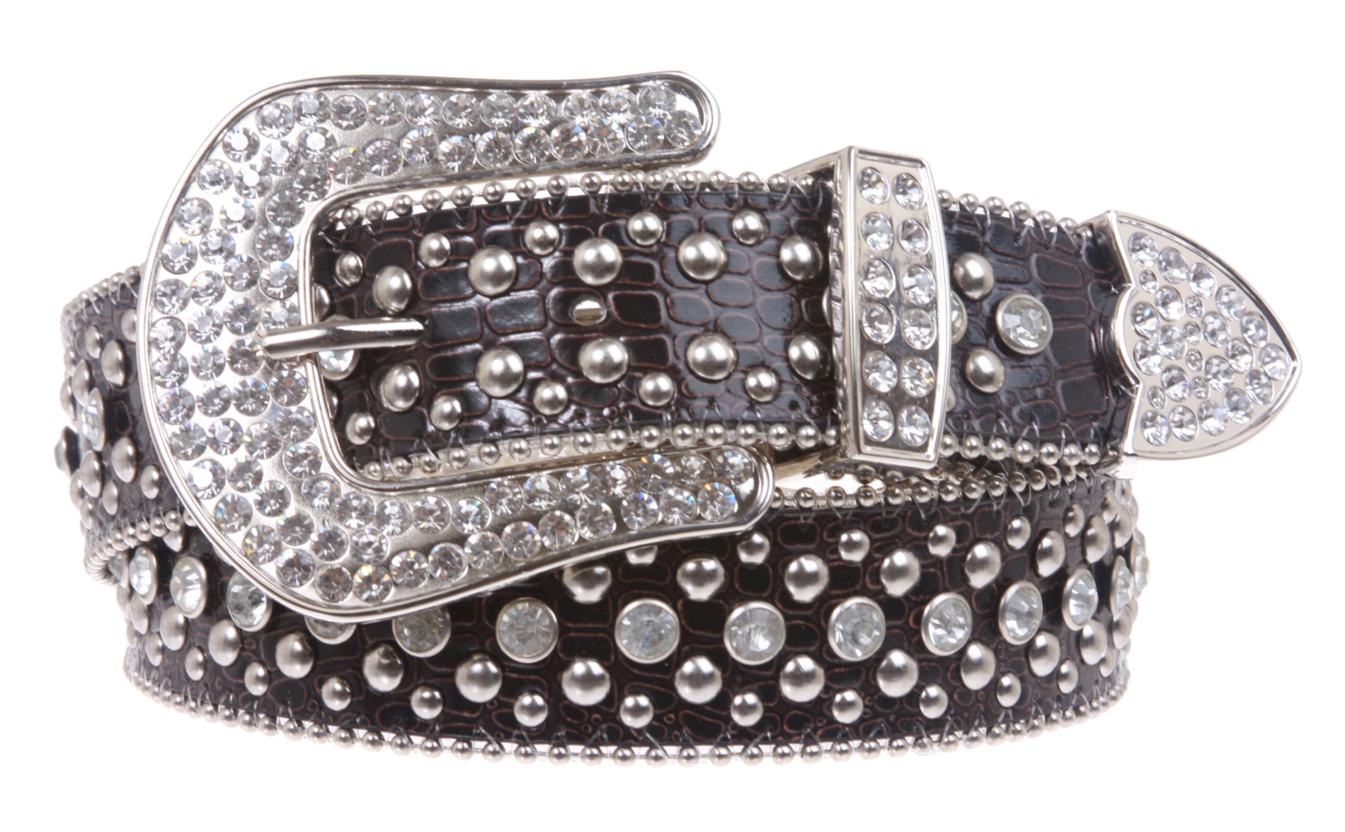 Ladies Rhinestone Studs Croco Print Leather Belt - OnlineBelts