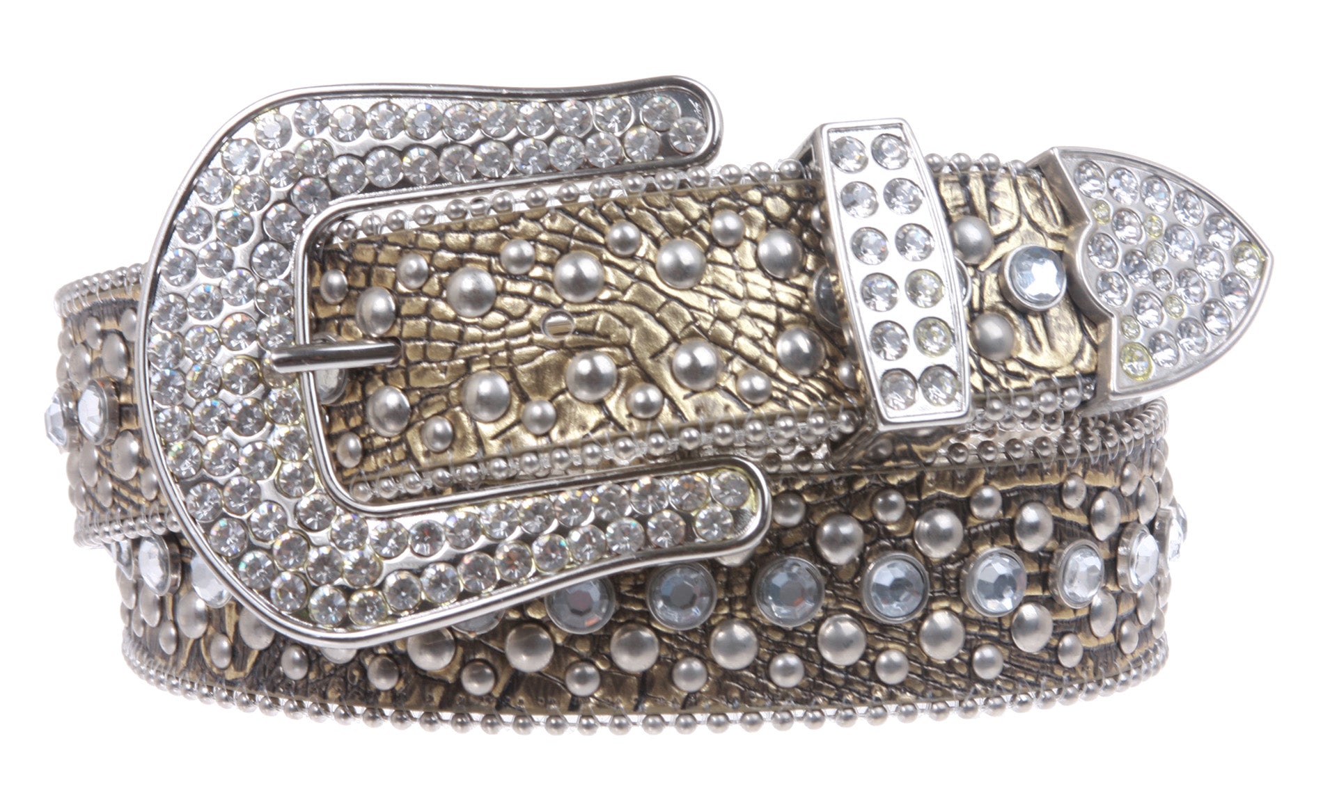 Ladies Rhinestone Studs Croco Print Leather Belt - OnlineBelts